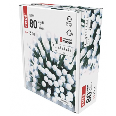 Lampki choinkowe 80 LED cherry 8m zimna biel zielony przewód 8 programów IP44 EMOS (D5AC06)